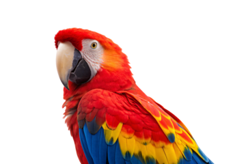 Vibrant scarlet macaw parrot displaying brilliant red, blue and yellow feathers with curved black beak, isolated on a transparent background