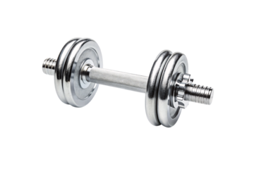 Chrome adjustable dumbbell with removable weight plates and textured grip handle for fitness, isolated on a transparent background