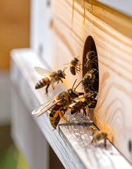 Naklejka premium Busy bees enter their wooden hive