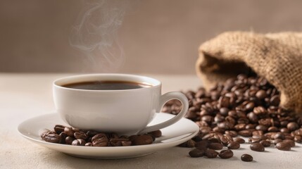 The steaming cup of coffee surrounded by aromatic roasted beans.