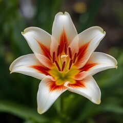 Fototapeta premium Candle Flame Lily with Fiery white Glowing Petals. A fiery orange and red flower with petals that look like flickering candle flames.