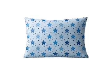 Blue star patterned pillow with various sized stars scattered across light fabric surface, isolated on a transparent background
