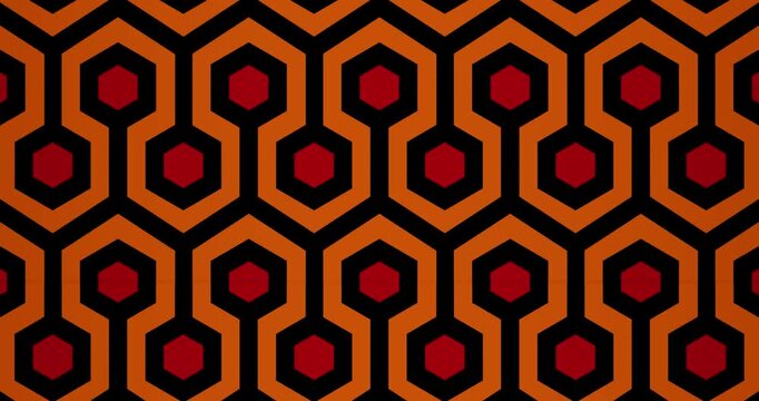 Texture scroll of a vintage geometric pattern. Abstract background of hexagon shapes. 70s style. The Overlook hotel carpet from The Shining. 4K loop animation