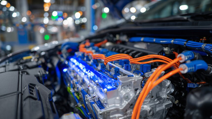 Electric car engine bay detail, vibrant orange and blue cables connecting modules, components illuminated under cool workshop lighting