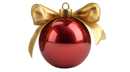 HD realistic red Christmas bauble with golden ribbon bow tie isolated on white