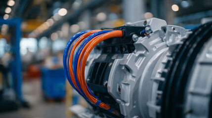 Close-up of electric motor assembly, orange and blue high-voltage cables contrasting with sleek metallic components, workshop background softly blurred