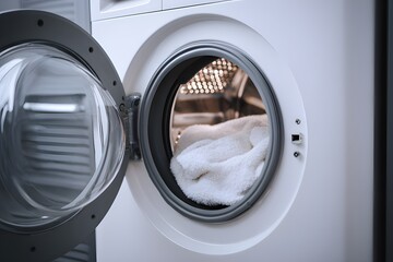 Close-up of open front-loading washing machine with stainless steel drum and white exterior design