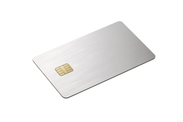 Blank silver credit card with gold EMV chip positioned on left side in sleek modern design, isolated on a transparent background