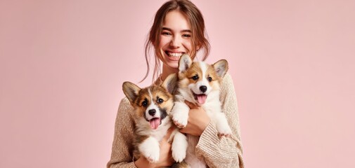 The Corgi Puppies Held by a Smiling Woman in a Pink Studio Portrait