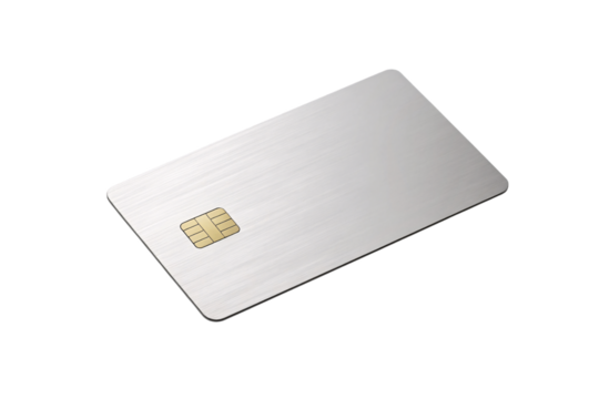 Blank silver credit card with gold EMV chip positioned on left side in sleek modern design, isolated on a transparent background