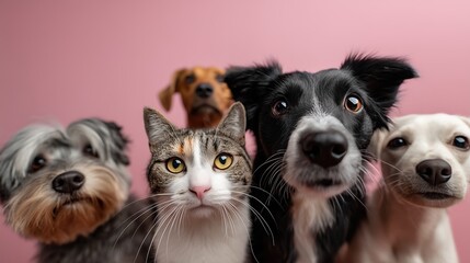 Fototapeta premium Groupe d'animaux domestiques regardant vers l'objectif sur fond rose