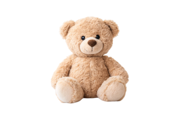 Light brown teddy bear without accessories, sitting position, fluffy fur texture, dark button eyes and nose, isolated on a transparent background