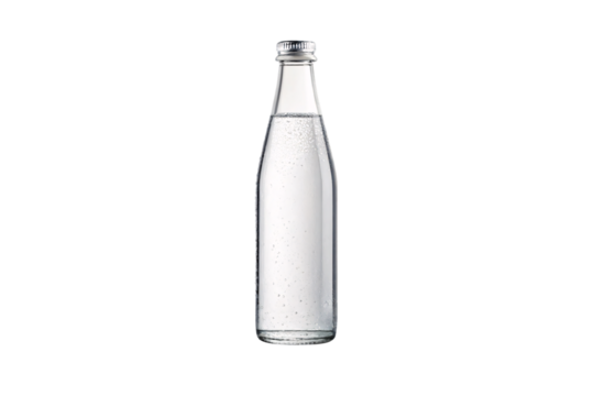 Sparkling clear glass bottle filled with carbonated water showing tiny bubbles throughout liquid interior, isolated on a transparent background