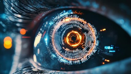 Futuristic human eye showing rotating digital data and information - Powered by Adobe