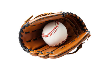 Baseball glove containing white baseball, brown leather sports equipment with detailed stitching, isolated on a transparent background