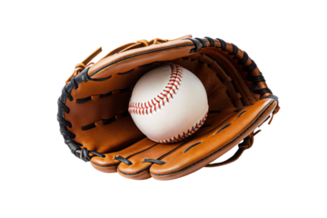 Baseball glove containing white baseball, brown leather sports equipment with detailed stitching, isolated on a transparent background
