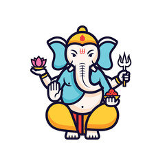 Cheerful cartoon depiction of Ganesha, Hindu deity, seated in lotus position, holding lotus flower, trident, and bowl.