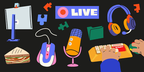 Gamers cartoon elements in retro flat style. Cyberspace technology, gaming concept. Gamer stickers with headphones, mouse, microphone, keyboard. Vector illustration