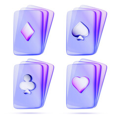 Neon casino poker cards 3d icon set. Glass holographic playing cards in purple blue colors. Render four suits - hearts, spades, diamonds, clubs. Deck stack or fan, hand blackjack game. 3D illustration