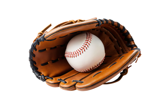 Baseball glove containing white baseball, brown leather sports equipment with detailed stitching, isolated on a transparent background