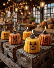 Fall Market Scene with Halloween Products, handcrafted jack-o-lantern candles glowing warmly on rustic wooden crates in boutique fall fair, showcasing cozy festive decor and climate-resilient artisan