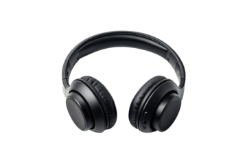 Black wireless headphones, over-ear design with padded cups and adjustable headband, isolated on a transparent background