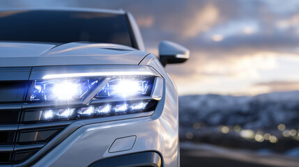 Dynamic view of car headlights at dusk, LED lights glowing brightly, metallic hood and sharp contours in focus