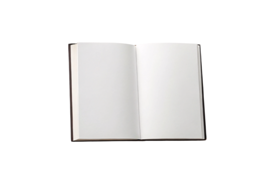 Open blank book displaying empty white pages ready for writing or reading, isolated on a transparent background