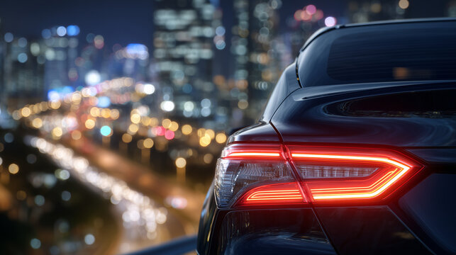 Artistic macro shot of LED taillights and sleek rear design, glowing red against blurred city background