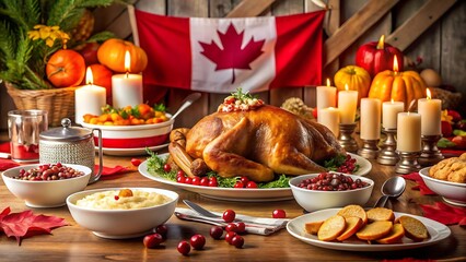 Festive canadian thanksgiving dinner with turkey, flag, and autumn decorations