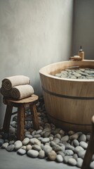Wooden spa bath with pebbles and towels