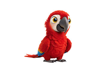 Colorful red parrot with yellow orange accents and large expressive eyes standing upright, isolated on a transparent background