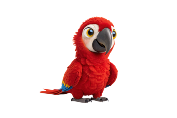 Colorful red parrot with yellow orange accents and large expressive eyes standing upright, isolated on a transparent background