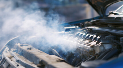 Close-up of car engine with smoke curling from engine block, metallic textures heated, illustrating motor failure and urgent maintenance