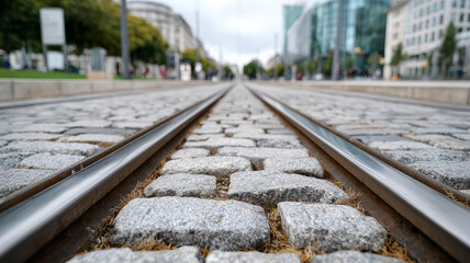 Cobblestone street with tram tracks in an urban cityscape.