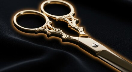 Ornate golden scissors with decorative handles sit on dark fabric