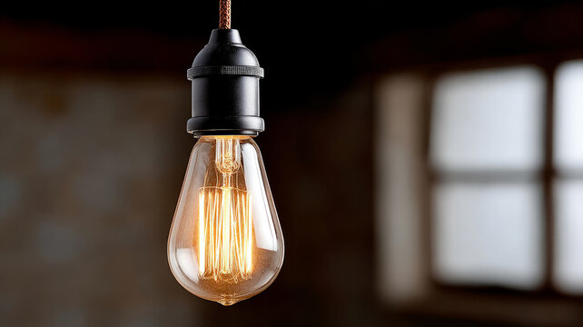Vintage Edison bulb glowing in a dimly lit room.