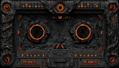 Cyber mystic dashboard with stone panels and neon orange UI characters