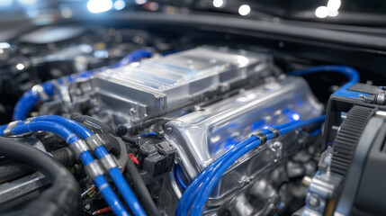 Fototapeta premium High-detail close-up of SUV engine components, polished metallic surfaces, electrical connectors, and hoses arranged neatly, modern automotive aesthetics