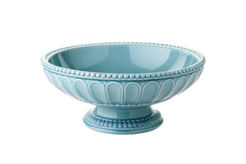 Elegant aqua blue ceramic pedestal bowl with beaded rim and classical scalloped detailing, isolated on a transparent background