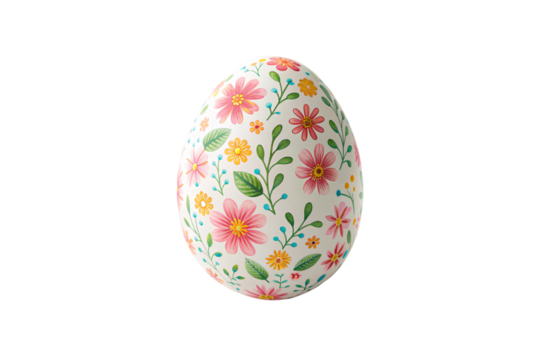 Decorative Easter egg with colorful floral pattern featuring pink yellow green botanical design motifs, isolated on a transparent background