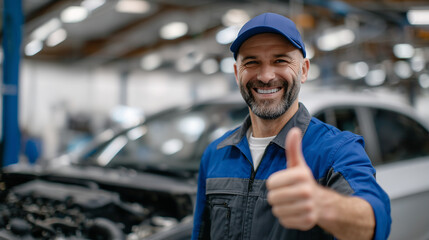 Mechanic smiling and showing thumbs up, high-detail focus on face, hand, and car engine components, workshop tools blurred in the background