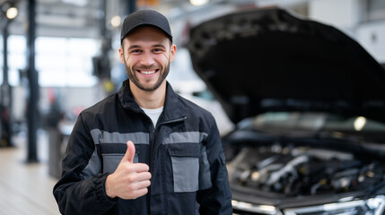 Mechanicâs confident thumbs up in front of SUV engine bay, detailed textures of metallic parts, hoses, and belts visible, workshop lighting highlighting quality