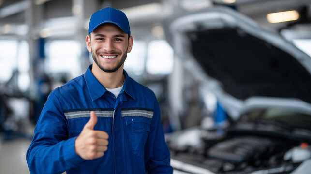 Mechanic in uniform giving thumbs up beside open hood, engine and car body clean and detailed, workshop blurred to emphasize subject
