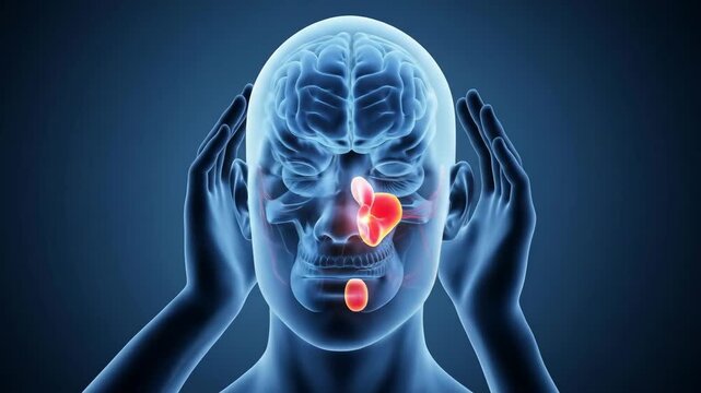 Human Brain and Salivary Glands Anatomy in Blue, Visual Representation of the Brain and Salivary Glands in a Human Head Anatomy
