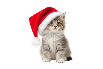 Gray and white long-haired kitten wearing red Santa hat, sitting upright with alert expression and fluffy fur, isolated on a transparent background