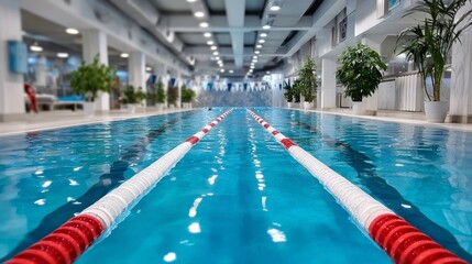 Obraz premium A swimming pool with a red and white lane marker. The pool is empty and the water is calm