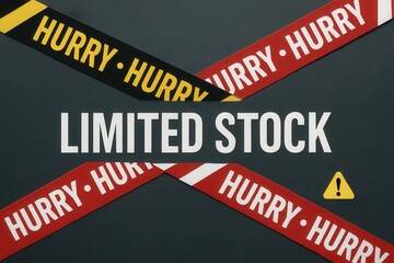 Limited stock banner with HURRY message in bold, striking style, creating a sense of urgency for retail discount promotion.