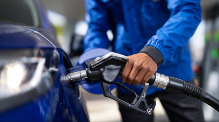 Obraz premium Person refueling modern car, fuel nozzle in metallic filler neck, hand and glove details visible, gasoline stream captured mid-flow