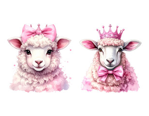 Fototapeta premium Pink watercolor sheep cartoon illustration on white background